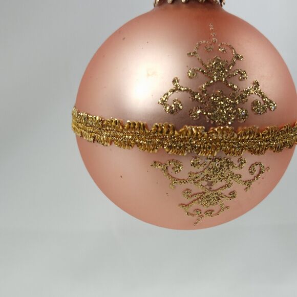 3 Box Vintage Glass Christmas Bell Round Ornaments Krebs Pink Gold Floral Ribbon - Picture 12 of 16